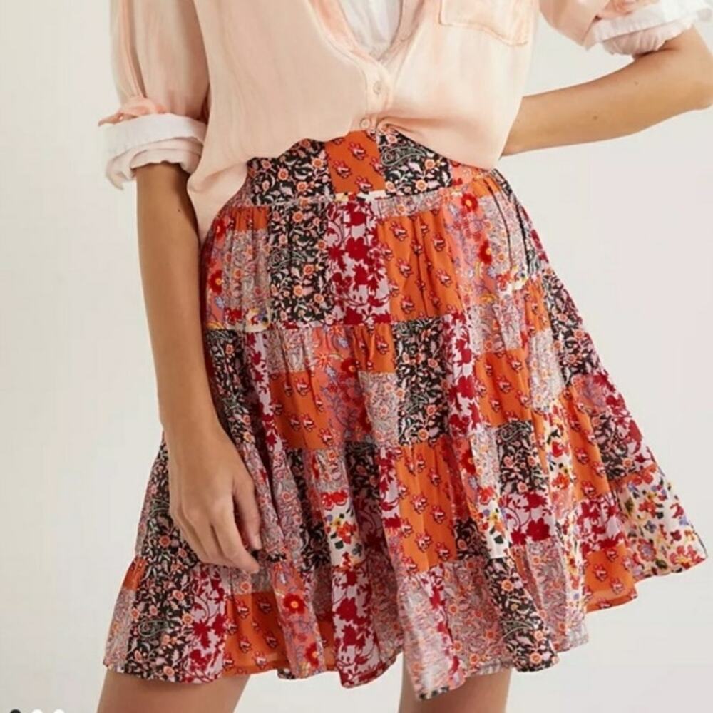 Maeve Anthropologie Patchwork Floral Mini Skirt Orange Boho Maximalist Size M